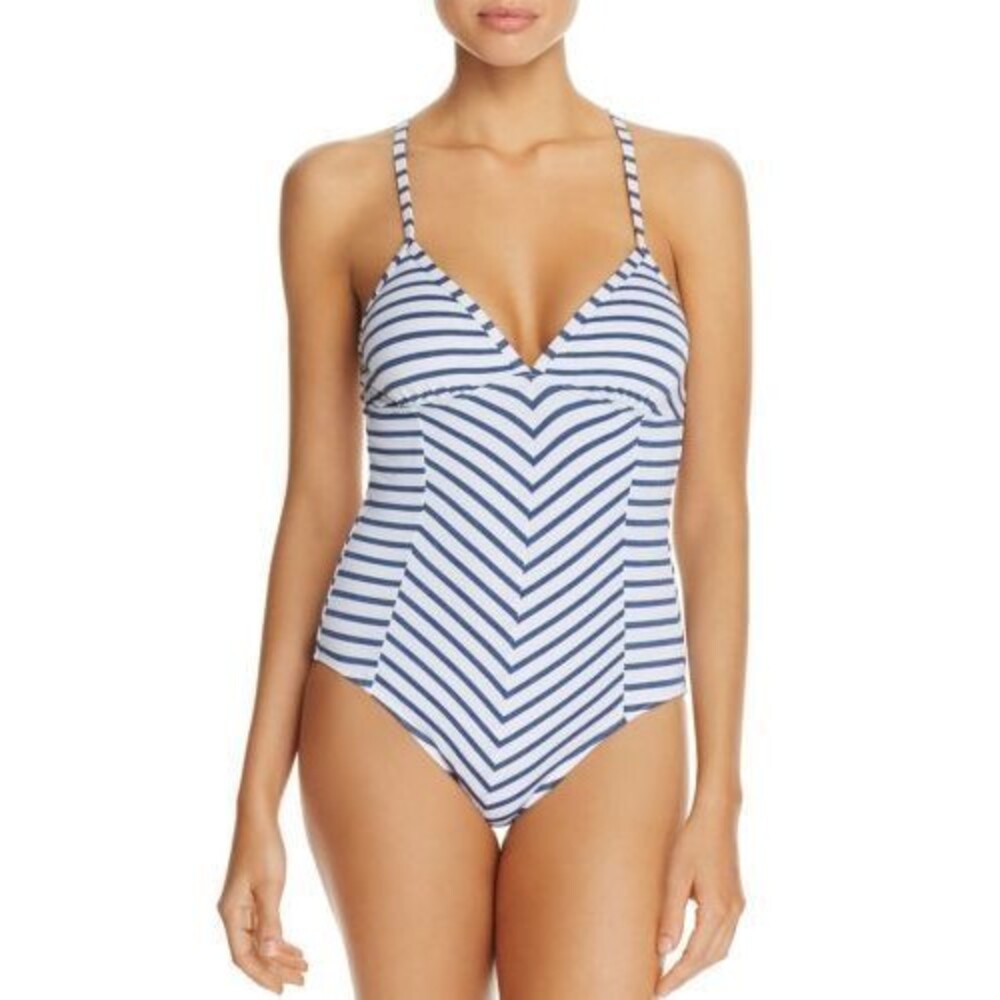 NWT Splendid Chambray All Day S/C One Piece Swimsuit  L Blue White Striped